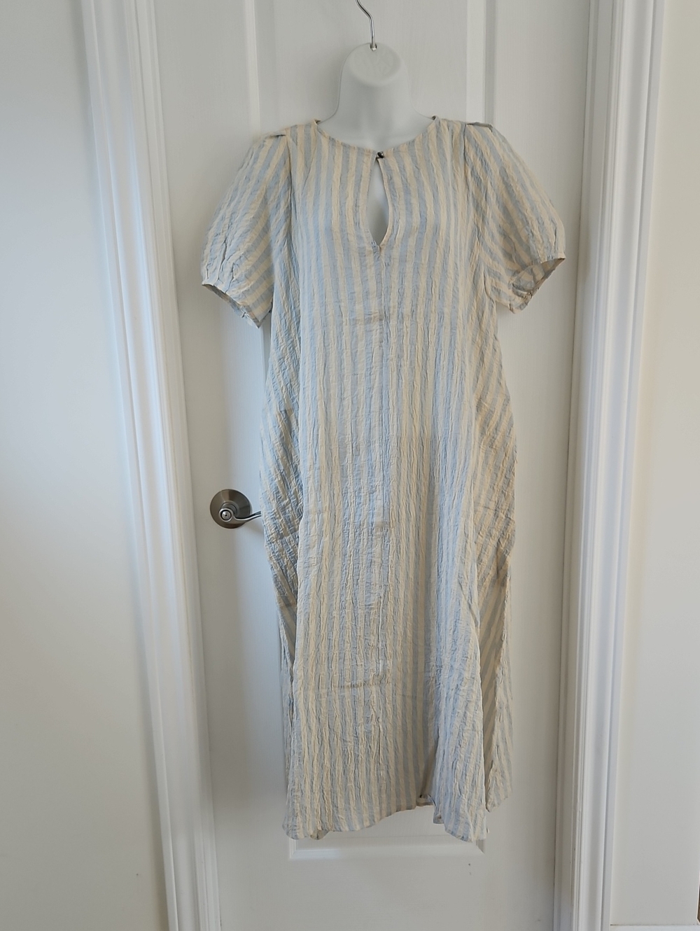 Striped Light Blue and Cream Midi Dress with Keyhole